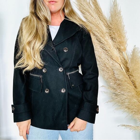 MK MICHAEL KORS Black Wool Button Front Zipper Pockets Classic Jacket Pea Coat M - Picture 8 of 16